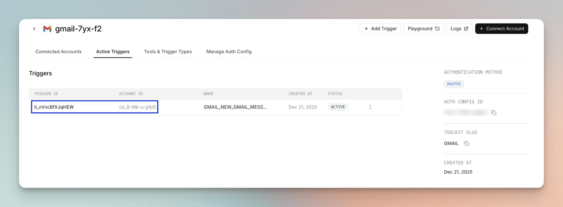 Example of trigger ID and connected account ID in the Composio dashboard